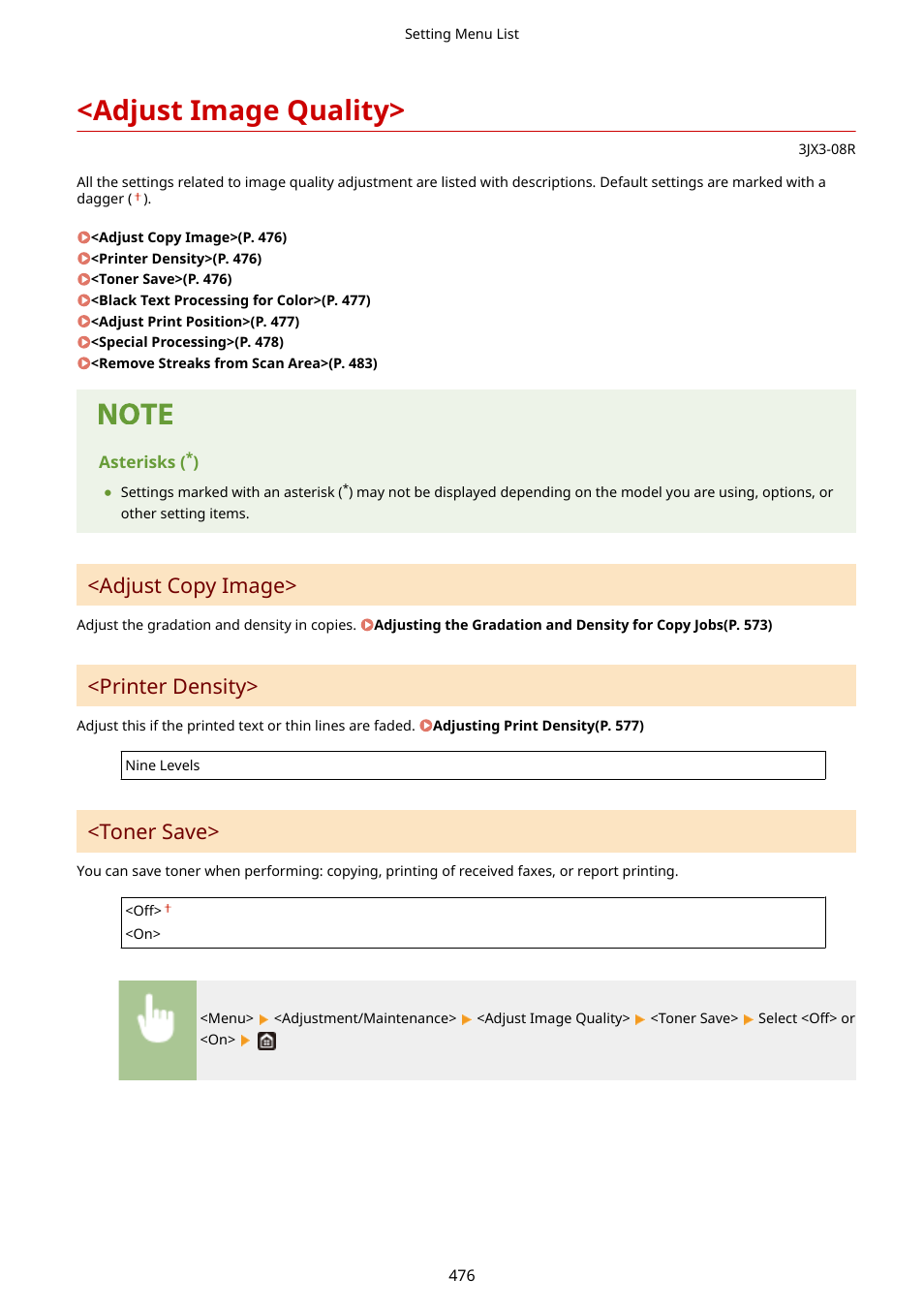 Adjust image quality, Adjust copy image, Printer density | Toner save | Canon imageCLASS D1650 All-in-One Monochrome Laser Printer User Manual | Page 484 / 751