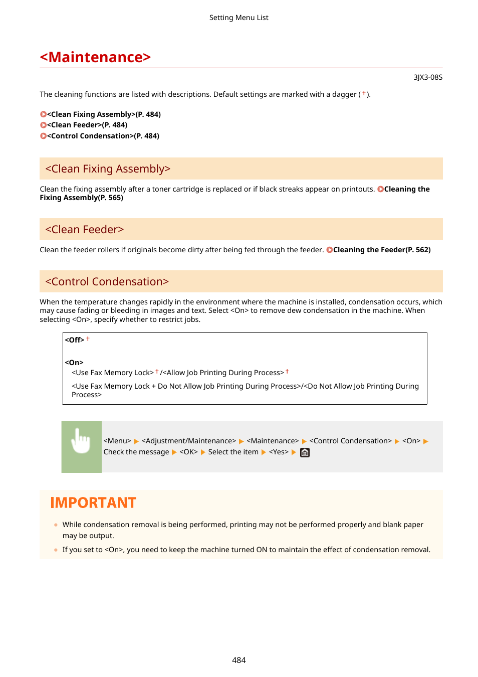 Maintenance, Clean fixing assembly, Clean feeder | Control condensation | Canon imageCLASS D1650 All-in-One Monochrome Laser Printer User Manual | Page 492 / 751