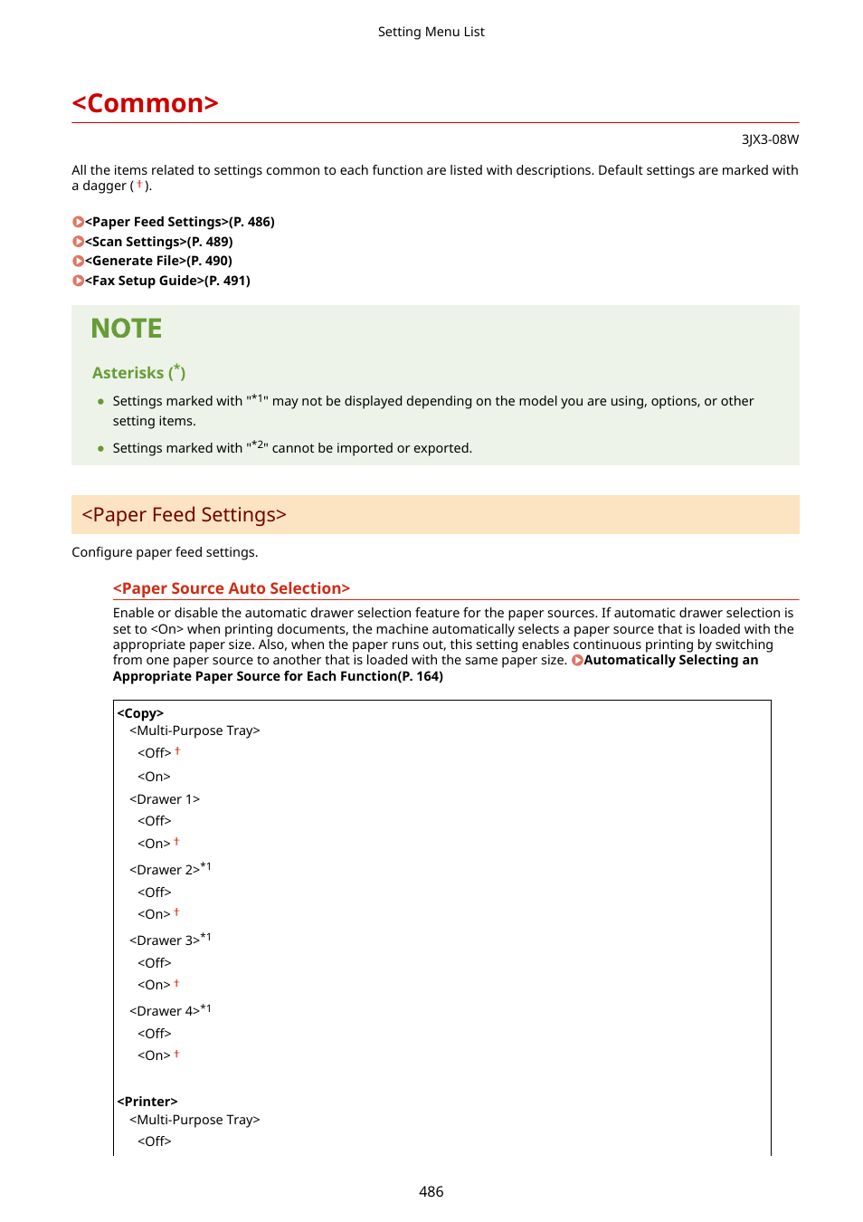 Common, Common>(p. 486), Paper feed settings | Canon imageCLASS D1650 All-in-One Monochrome Laser Printer User Manual | Page 494 / 751