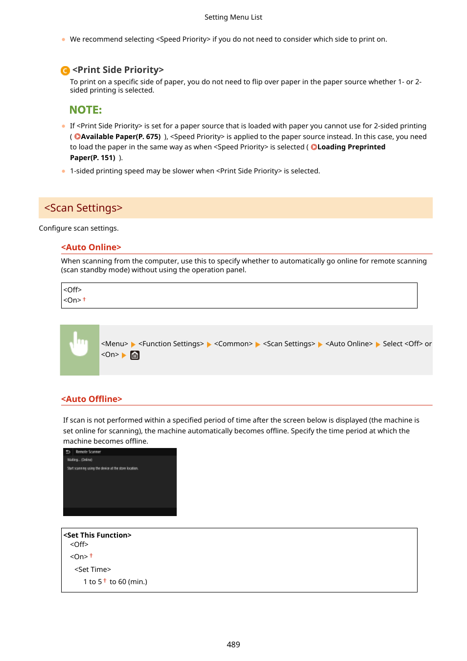 Scan settings>(p. 489), Scan settings | Canon imageCLASS D1650 All-in-One Monochrome Laser Printer User Manual | Page 497 / 751