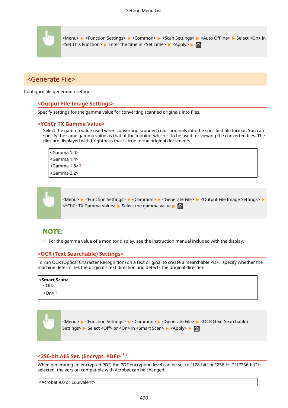 Bit aes set. (encrypt. pdf)>(p. 490), Generate file>(p. 490), Generate file | Canon imageCLASS D1650 All-in-One Monochrome Laser Printer User Manual | Page 498 / 751
