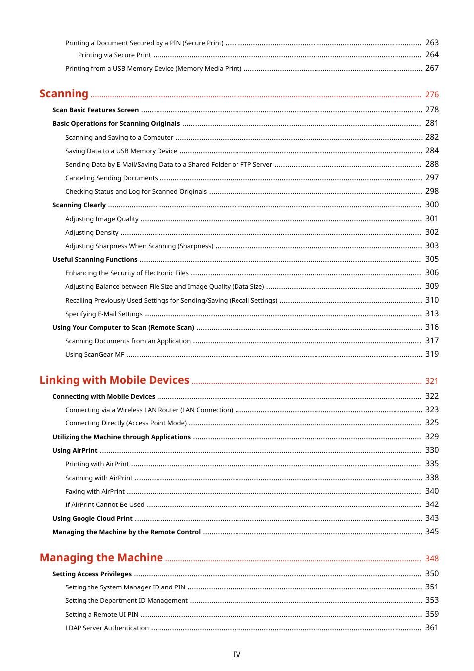 Scanning, Linking with mobile devices, Managing the machine | Canon imageCLASS D1650 All-in-One Monochrome Laser Printer User Manual | Page 5 / 751