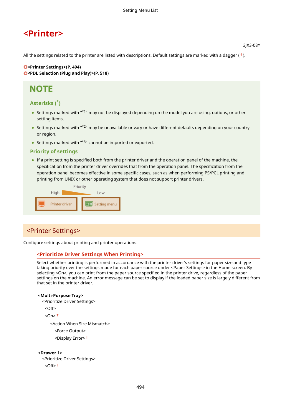 Printer, Printer>(p. 494), Printer settings | Canon imageCLASS D1650 All-in-One Monochrome Laser Printer User Manual | Page 502 / 751