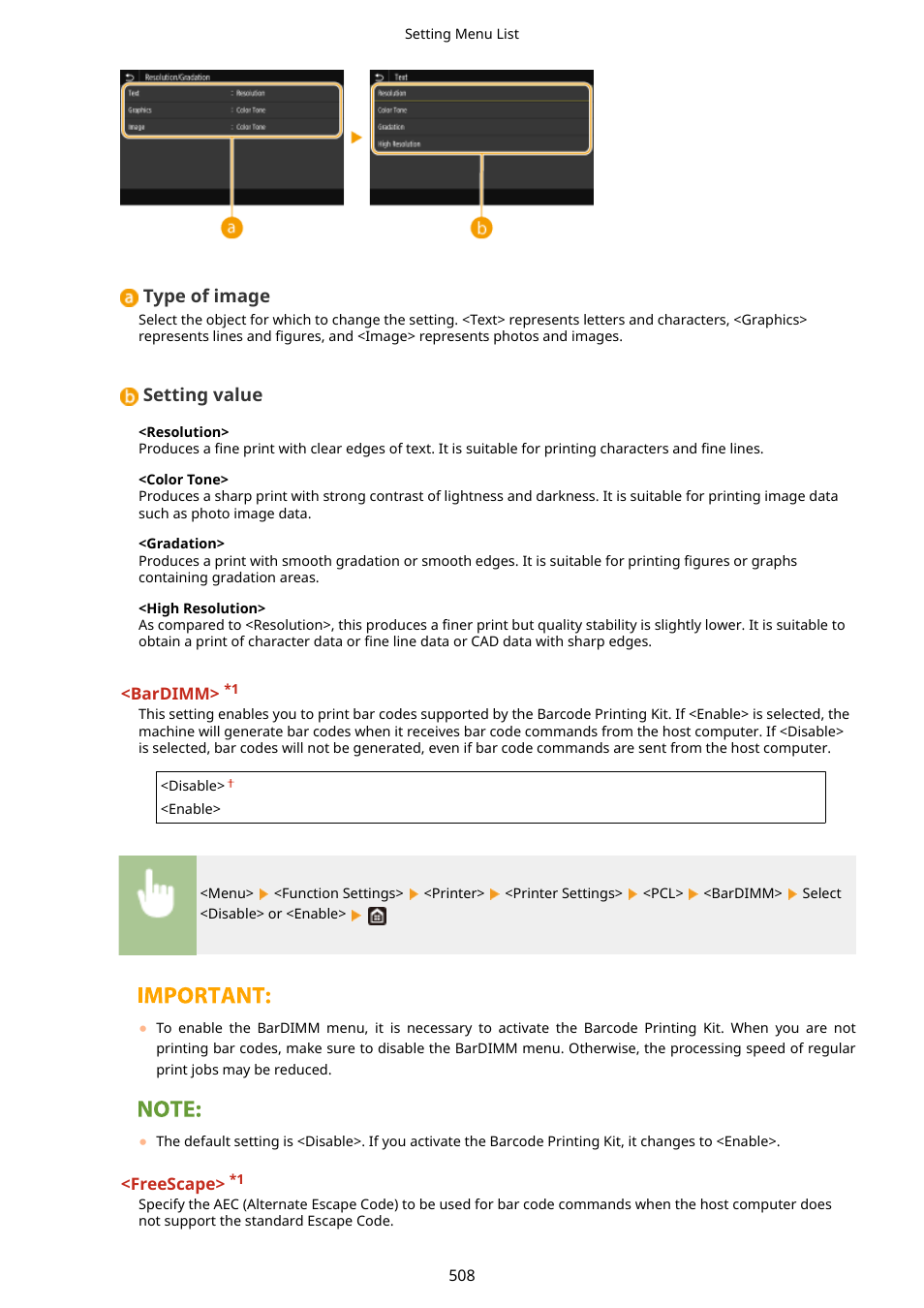 Type of image, Setting value | Canon imageCLASS D1650 All-in-One Monochrome Laser Printer User Manual | Page 516 / 751