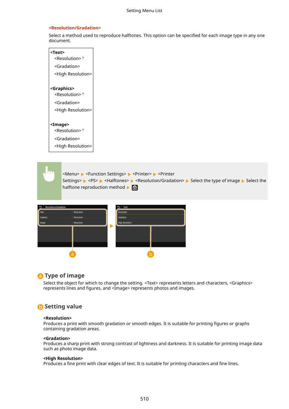 Type of image, Setting value | Canon imageCLASS D1650 All-in-One Monochrome Laser Printer User Manual | Page 518 / 751
