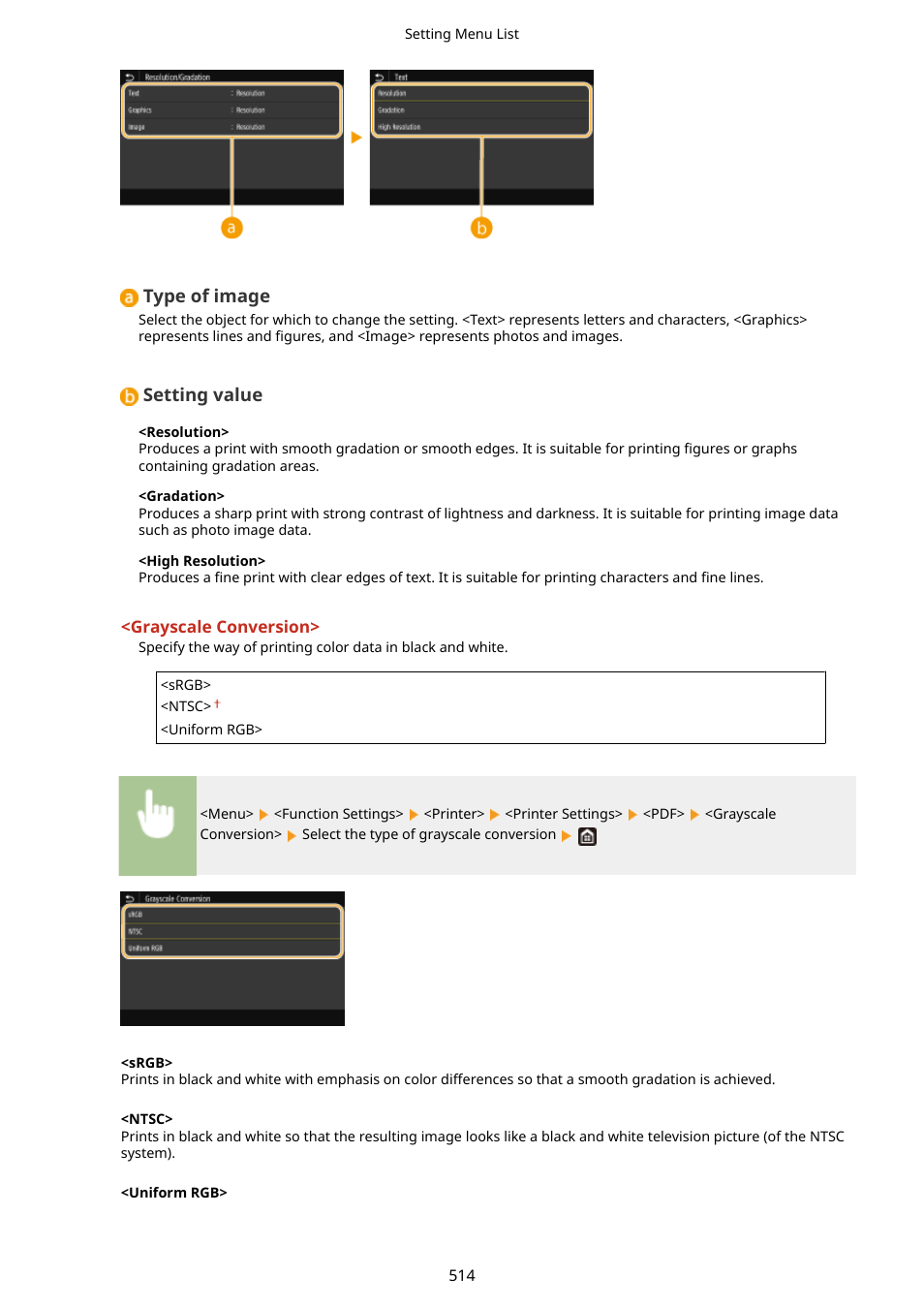 Type of image, Setting value | Canon imageCLASS D1650 All-in-One Monochrome Laser Printer User Manual | Page 522 / 751