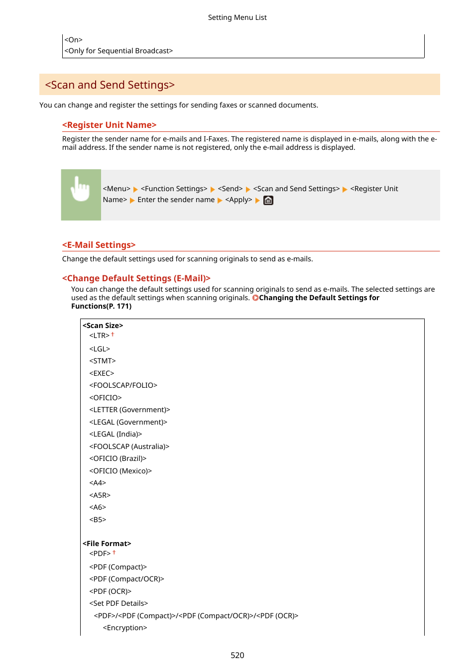 Register unit name>(p. 520), Scan and send settings>(p. 520), Scan and send settings | Canon imageCLASS D1650 All-in-One Monochrome Laser Printer User Manual | Page 528 / 751