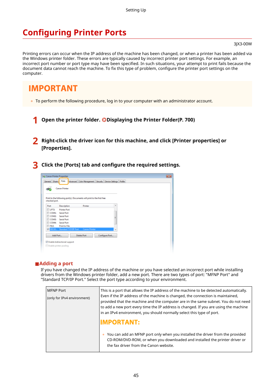 Configuring printer ports, Configuring printer ports(p. 45), W port. configuring printer ports(p. 45) | Canon imageCLASS D1650 All-in-One Monochrome Laser Printer User Manual | Page 53 / 751