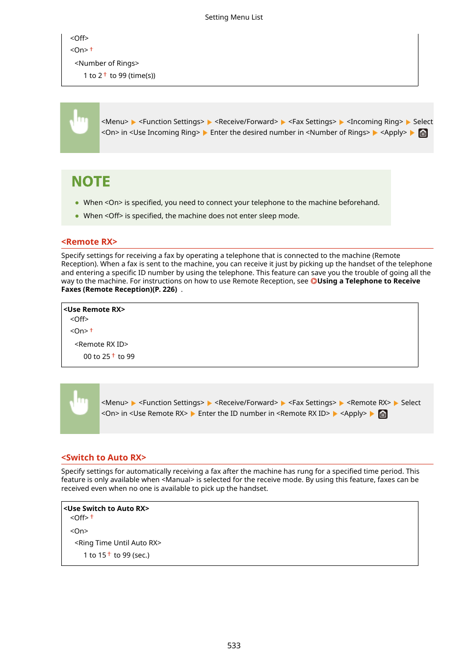 Switch to auto rx>(p. 533) | Canon imageCLASS D1650 All-in-One Monochrome Laser Printer User Manual | Page 541 / 751