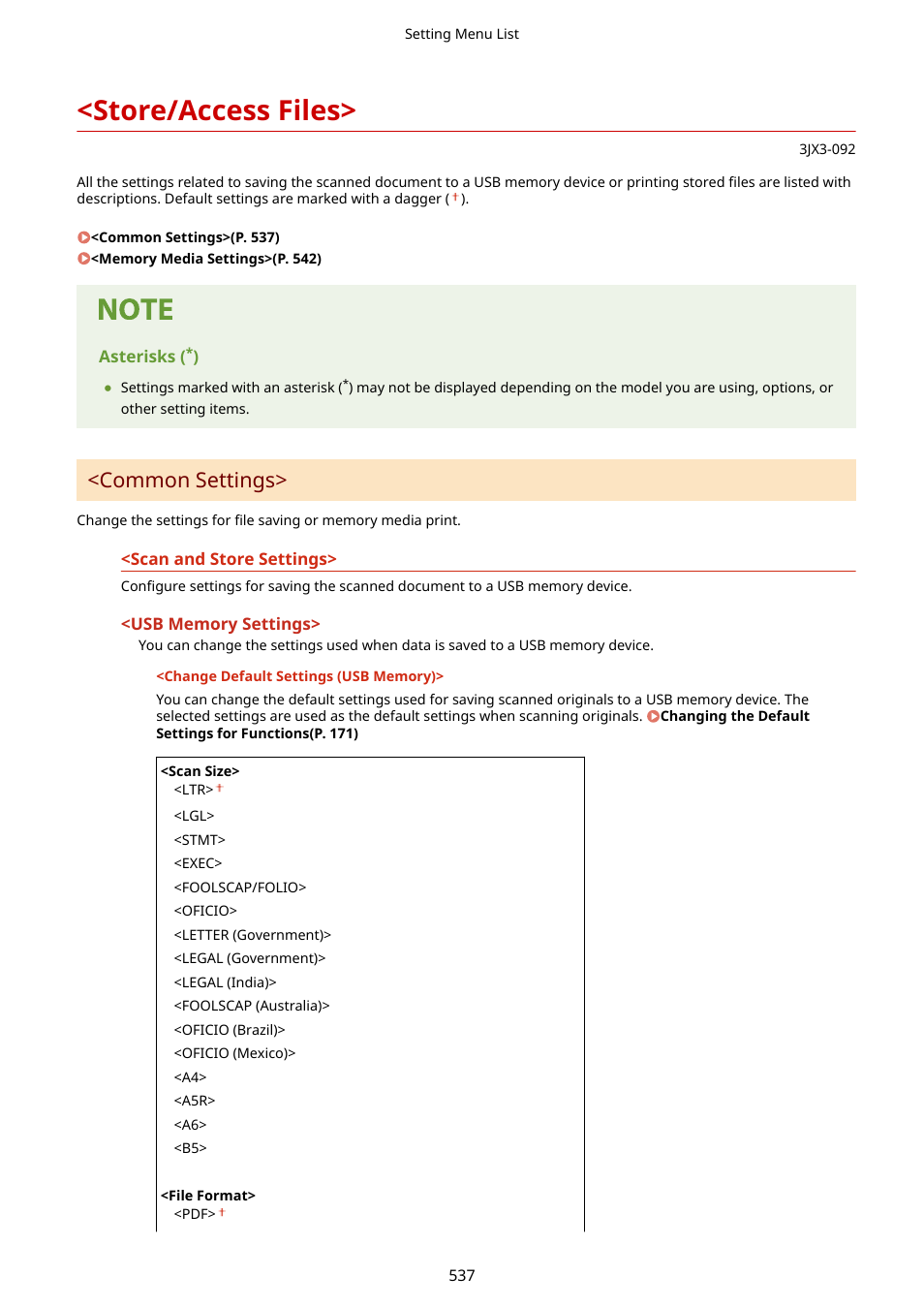 Store/access files, Store/access files>(p. 537), Common settings | Canon imageCLASS D1650 All-in-One Monochrome Laser Printer User Manual | Page 545 / 751