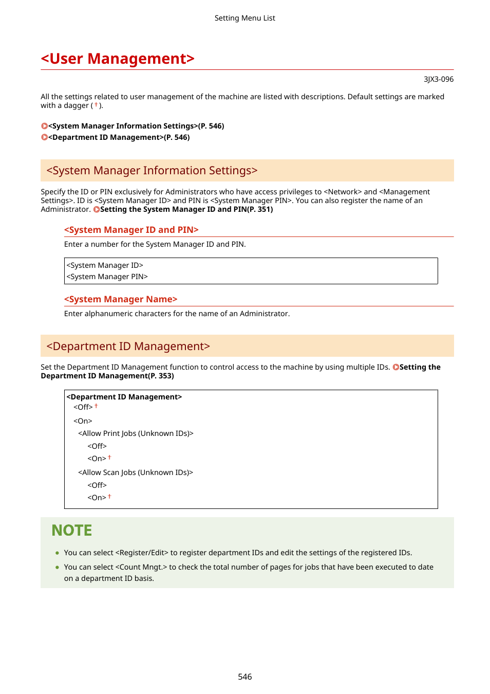 User management, User management>(p. 546), System manager information settings | Department id management | Canon imageCLASS D1650 All-in-One Monochrome Laser Printer User Manual | Page 554 / 751
