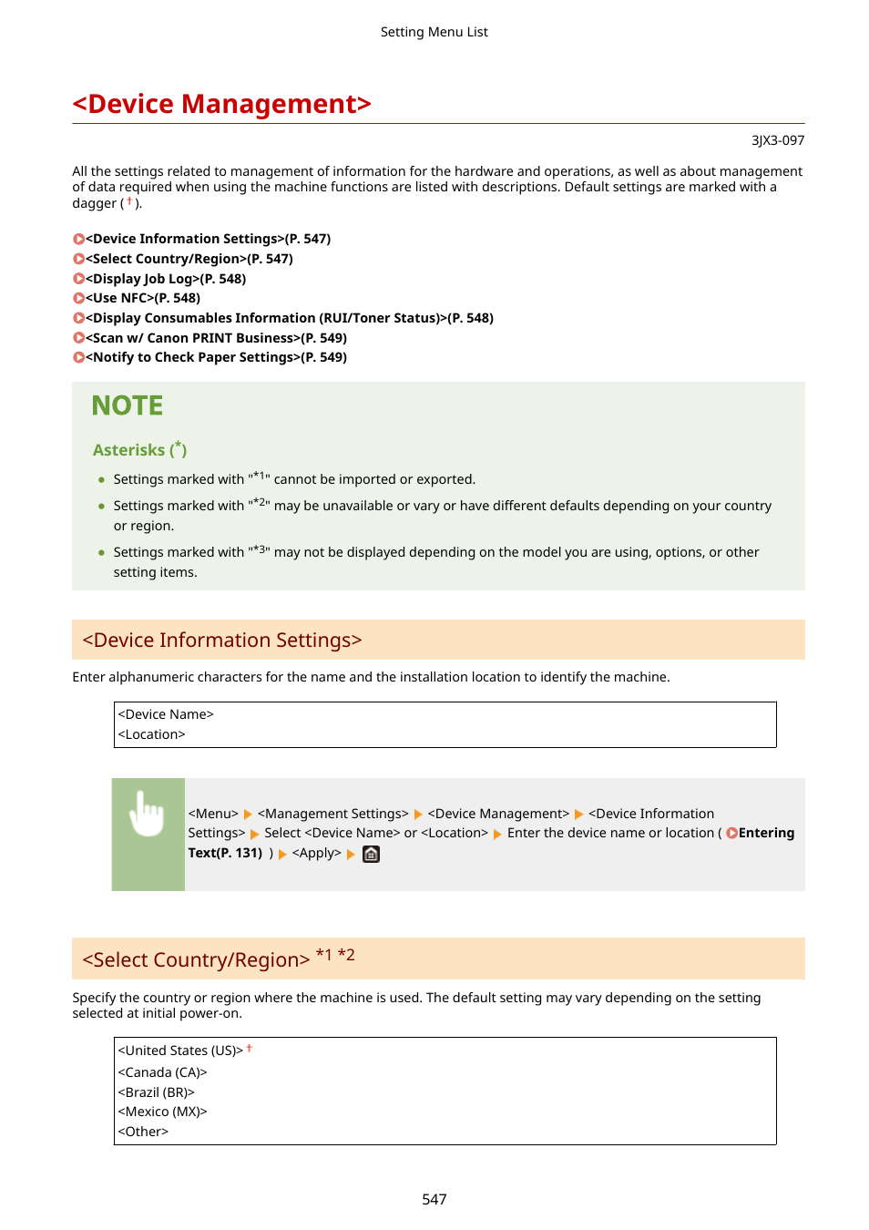 Device management, Device management>(p. 547), Device information settings | Select country/region | Canon imageCLASS D1650 All-in-One Monochrome Laser Printer User Manual | Page 555 / 751