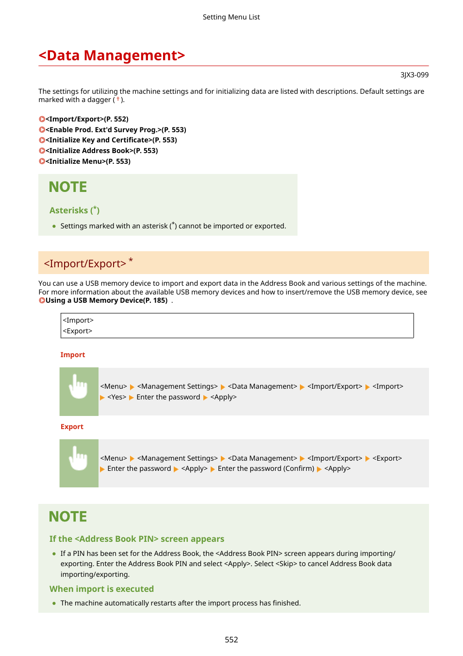 Data management, Import/export>(p. 552), Data management>(p. 552) | Import/export | Canon imageCLASS D1650 All-in-One Monochrome Laser Printer User Manual | Page 560 / 751