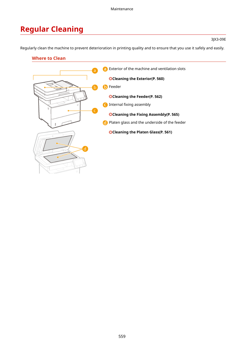Regular cleaning, Regular cleaning(p. 559) | Canon imageCLASS D1650 All-in-One Monochrome Laser Printer User Manual | Page 567 / 751