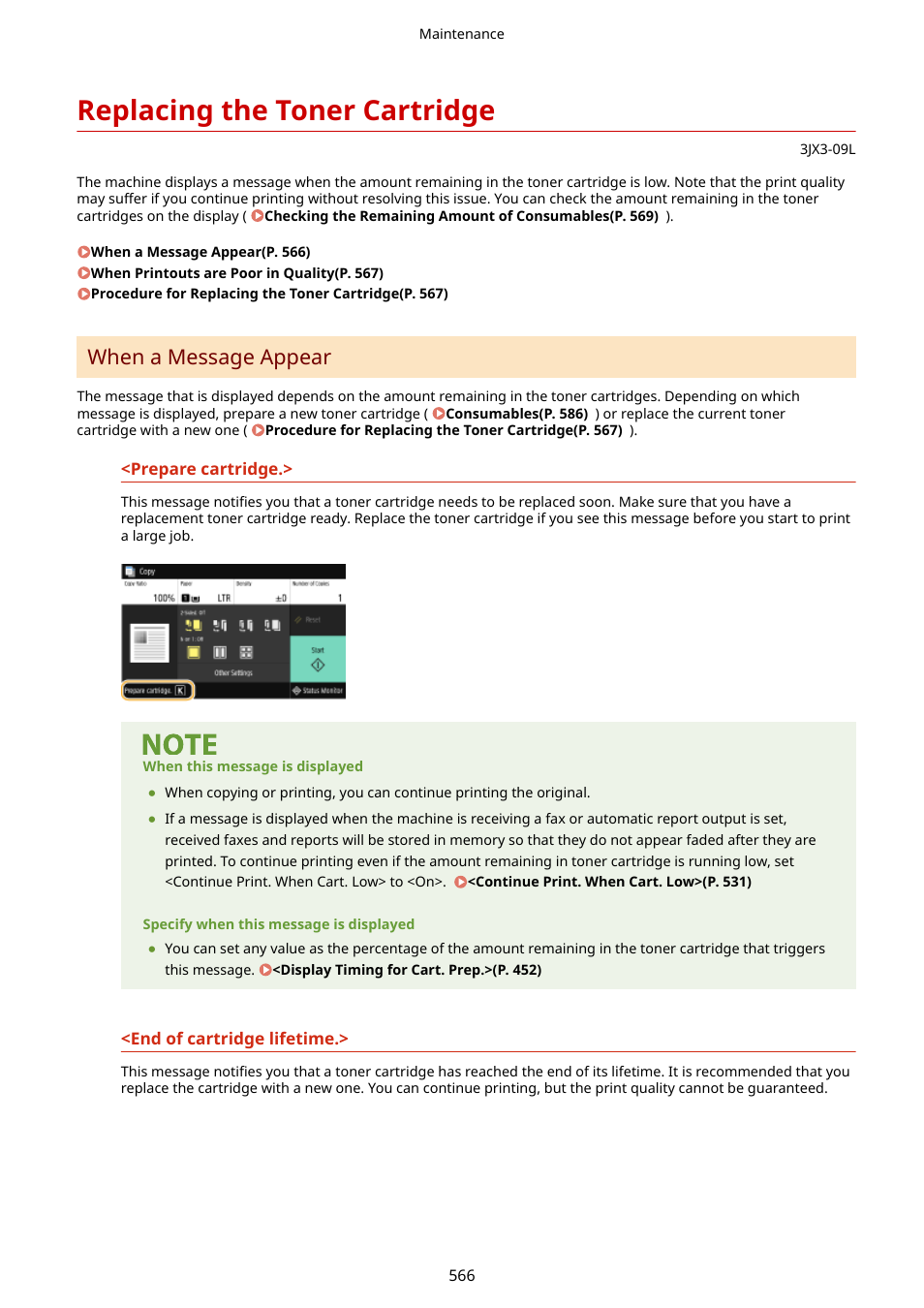 Replacing the toner cartridge, Replacing the toner cartridge(p. 566), When a message appear | Canon imageCLASS D1650 All-in-One Monochrome Laser Printer User Manual | Page 574 / 751