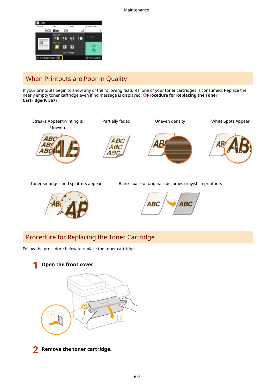 When printouts are poor in quality, Procedure for replacing the toner cartridge | Canon imageCLASS D1650 All-in-One Monochrome Laser Printer User Manual | Page 575 / 751