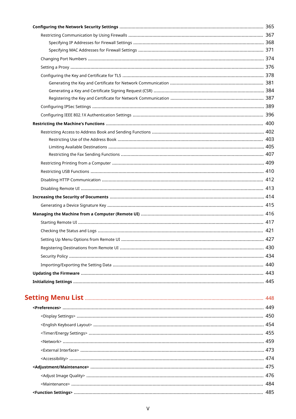 Setting menu list | Canon imageCLASS D1650 All-in-One Monochrome Laser Printer User Manual | Page 6 / 751