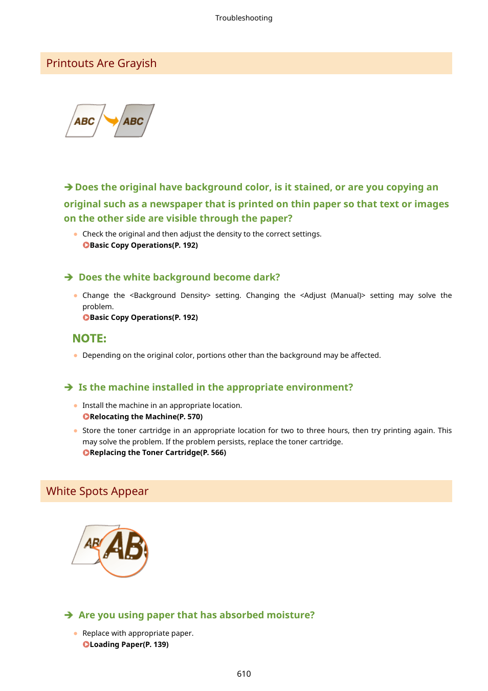 Printouts are grayish(p. 610), White spots appear(p. 610), Printouts are grayish | White spots appear | Canon imageCLASS D1650 All-in-One Monochrome Laser Printer User Manual | Page 618 / 751