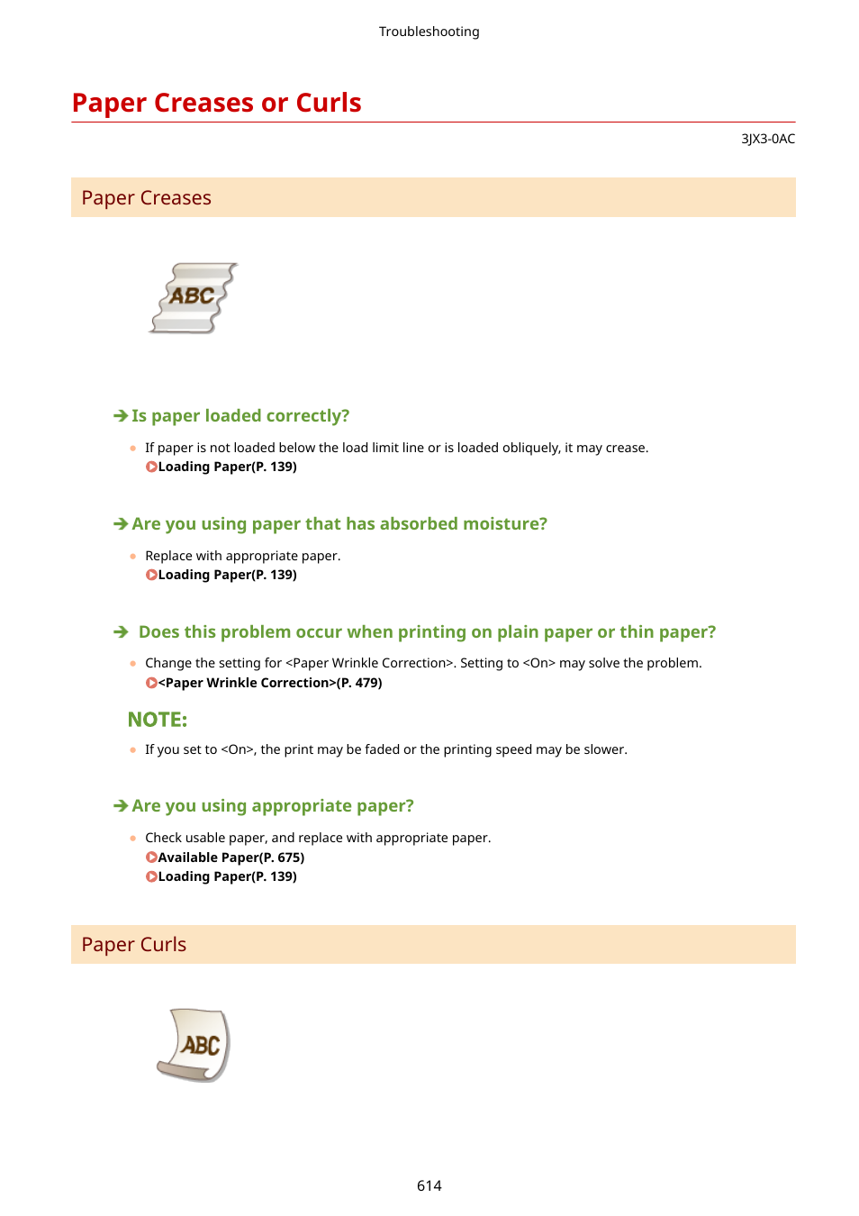 Paper creases or curls, Paper creases or curls(p. 614), Paper creases(p. 614) | Paper curls(p. 614), Paper creases, Paper curls | Canon imageCLASS D1650 All-in-One Monochrome Laser Printer User Manual | Page 622 / 751