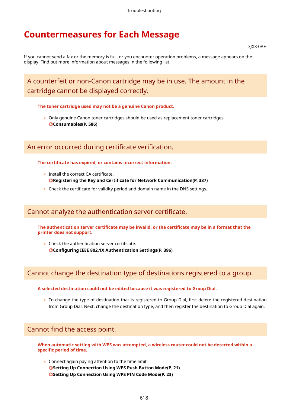 Countermeasures for each message, Countermeasures for each message(p. 618), An error occurred during certificate verification | Cannot find the access point | Canon imageCLASS D1650 All-in-One Monochrome Laser Printer User Manual | Page 626 / 751