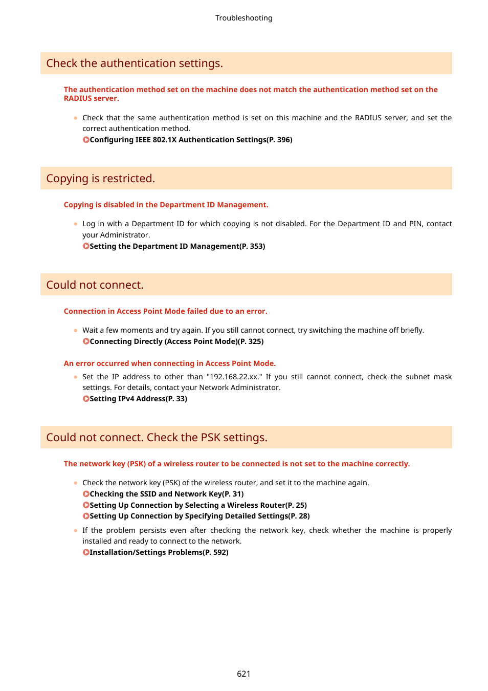 Check the authentication settings, Copying is restricted, Could not connect | Could not connect. check the psk settings | Canon imageCLASS D1650 All-in-One Monochrome Laser Printer User Manual | Page 629 / 751