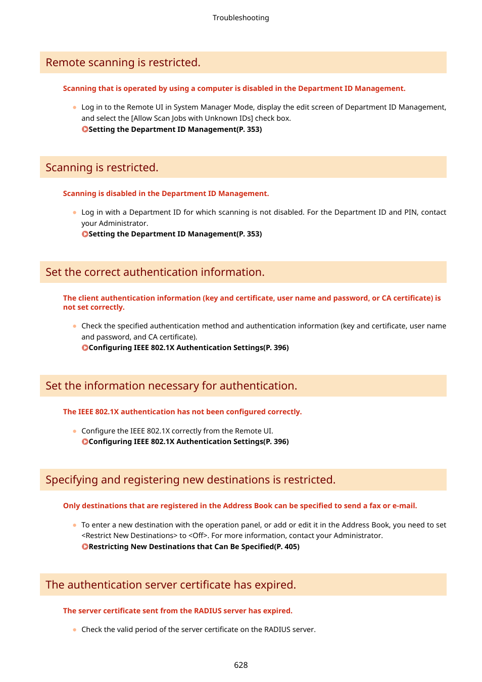 Remote scanning is restricted, Scanning is restricted, Set the correct authentication information | Set the information necessary for authentication, The authentication server certificate has expired | Canon imageCLASS D1650 All-in-One Monochrome Laser Printer User Manual | Page 636 / 751