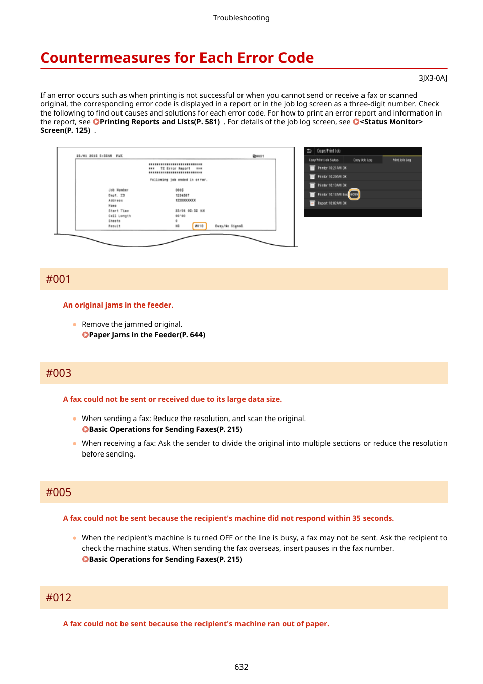 Countermeasures for each error code, Countermeasures for each error code(p. 632) | Canon imageCLASS D1650 All-in-One Monochrome Laser Printer User Manual | Page 640 / 751