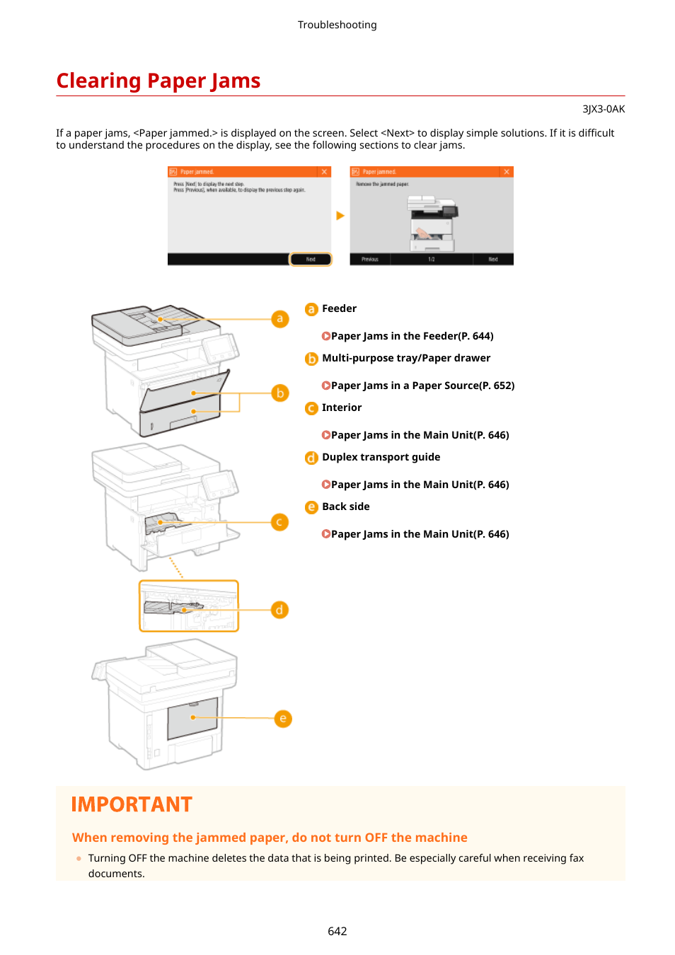 Clearing paper jams, Clearing paper jams(p. 642) | Canon imageCLASS D1650 All-in-One Monochrome Laser Printer User Manual | Page 650 / 751
