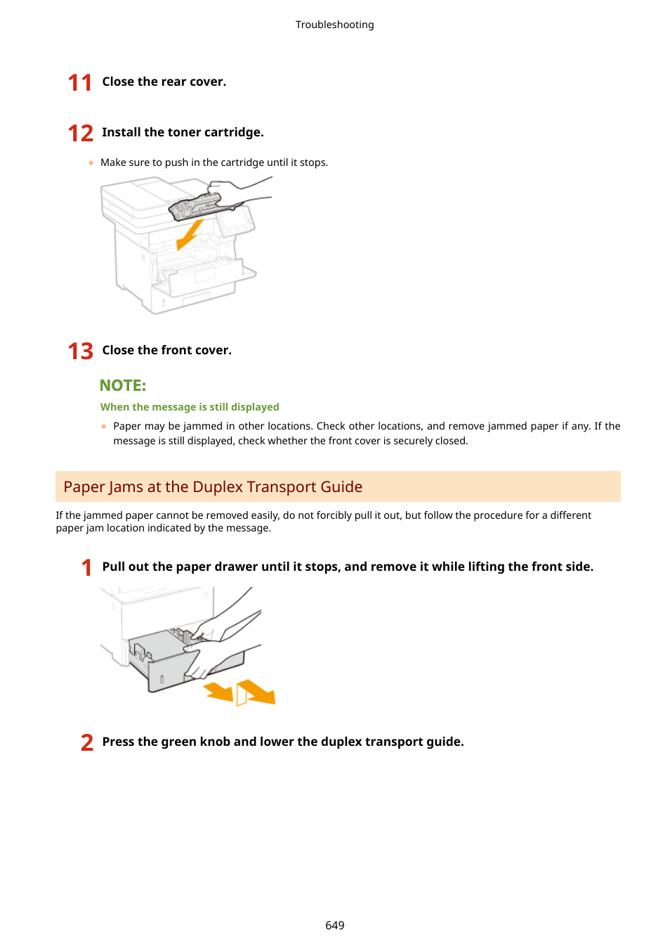 Paper jams at, The duplex, Transport | Guide(p. 649) | Canon imageCLASS D1650 All-in-One Monochrome Laser Printer User Manual | Page 657 / 751