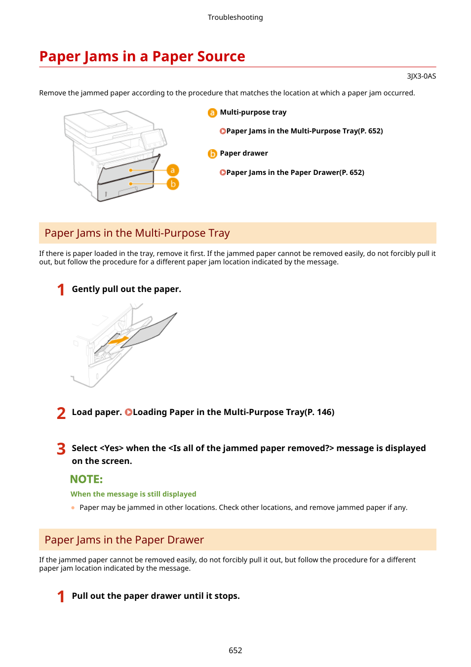 Paper jams in a paper source, Paper jams in a paper source(p. 652) | Canon imageCLASS D1650 All-in-One Monochrome Laser Printer User Manual | Page 660 / 751