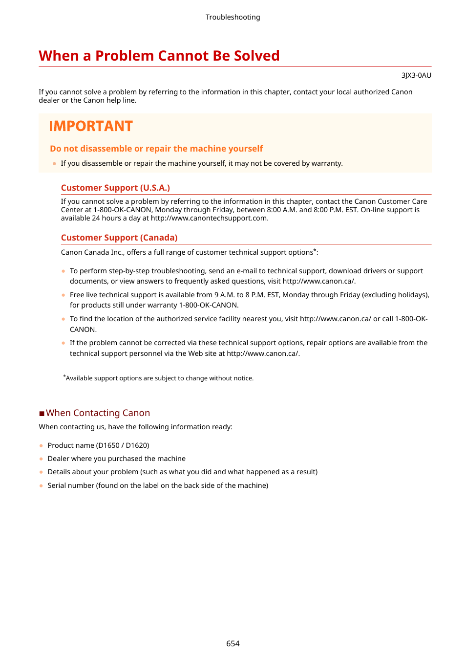 When a problem cannot be solved, Problem cannot be solved(p. 654) | Canon imageCLASS D1650 All-in-One Monochrome Laser Printer User Manual | Page 662 / 751
