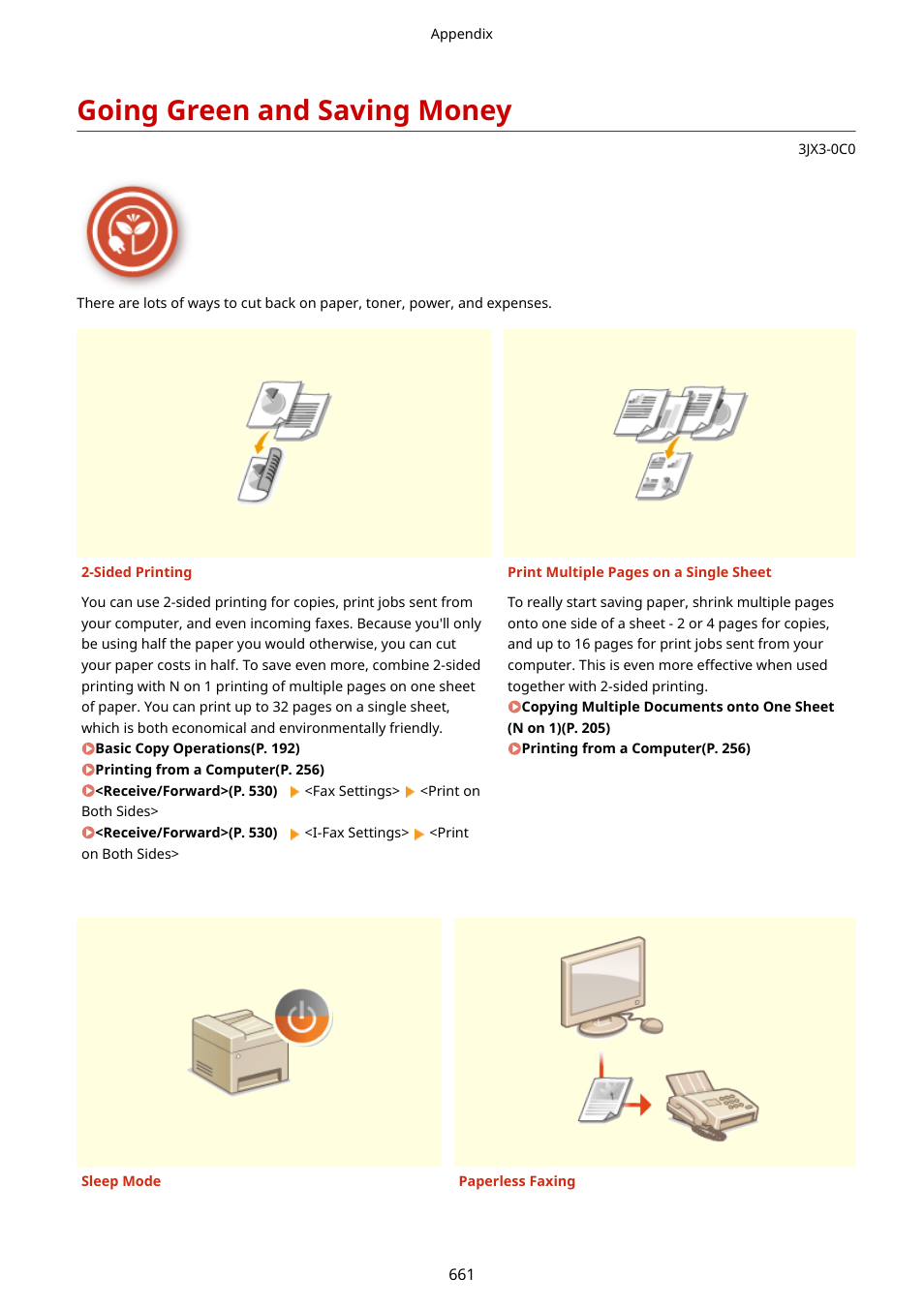 Going green and saving money, Going green and saving money(p. 661) | Canon imageCLASS D1650 All-in-One Monochrome Laser Printer User Manual | Page 669 / 751