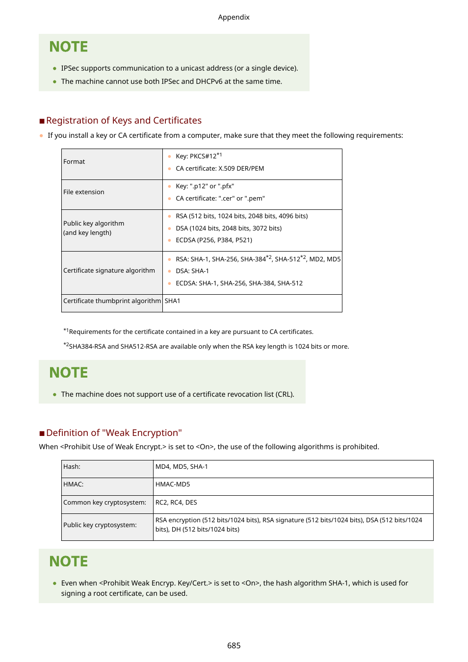 Registration of keys and certificates, Definition of "weak encryption | Canon imageCLASS D1650 All-in-One Monochrome Laser Printer User Manual | Page 693 / 751