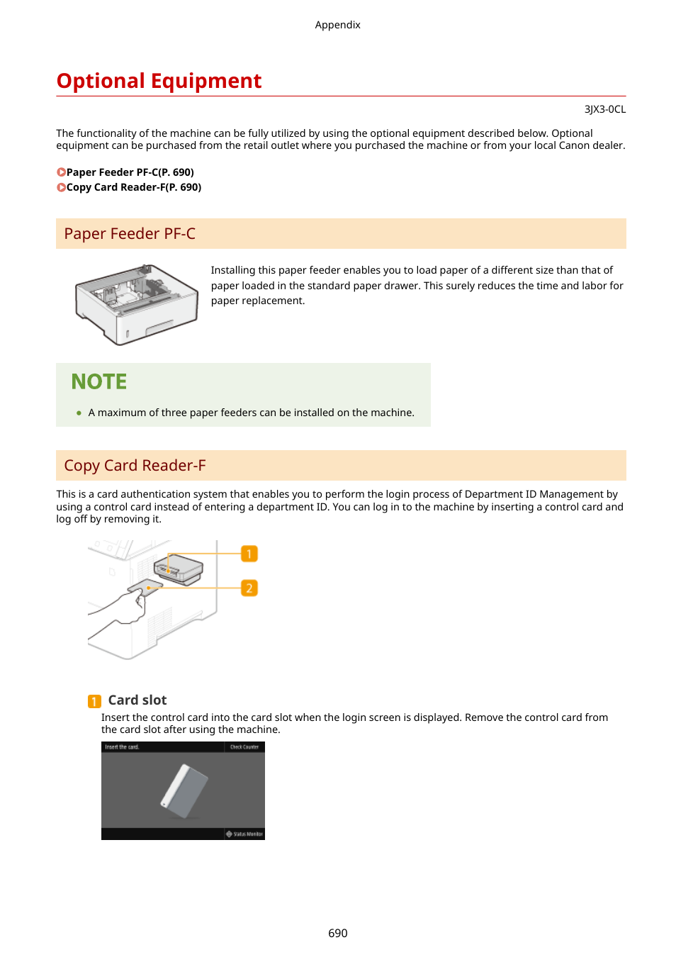 Optional equipment, Optional equipment(p. 690), Paper feeder pf-c(p. 690) | Copy card reader-f(p. 690), Paper feeder pf-c, Copy card reader-f | Canon imageCLASS D1650 All-in-One Monochrome Laser Printer User Manual | Page 698 / 751