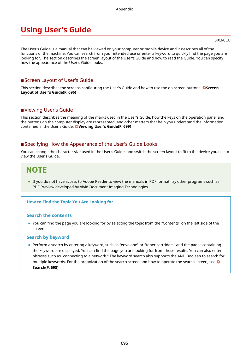 Using user's guide, Using user's guide(p. 695) | Canon imageCLASS D1650 All-in-One Monochrome Laser Printer User Manual | Page 703 / 751