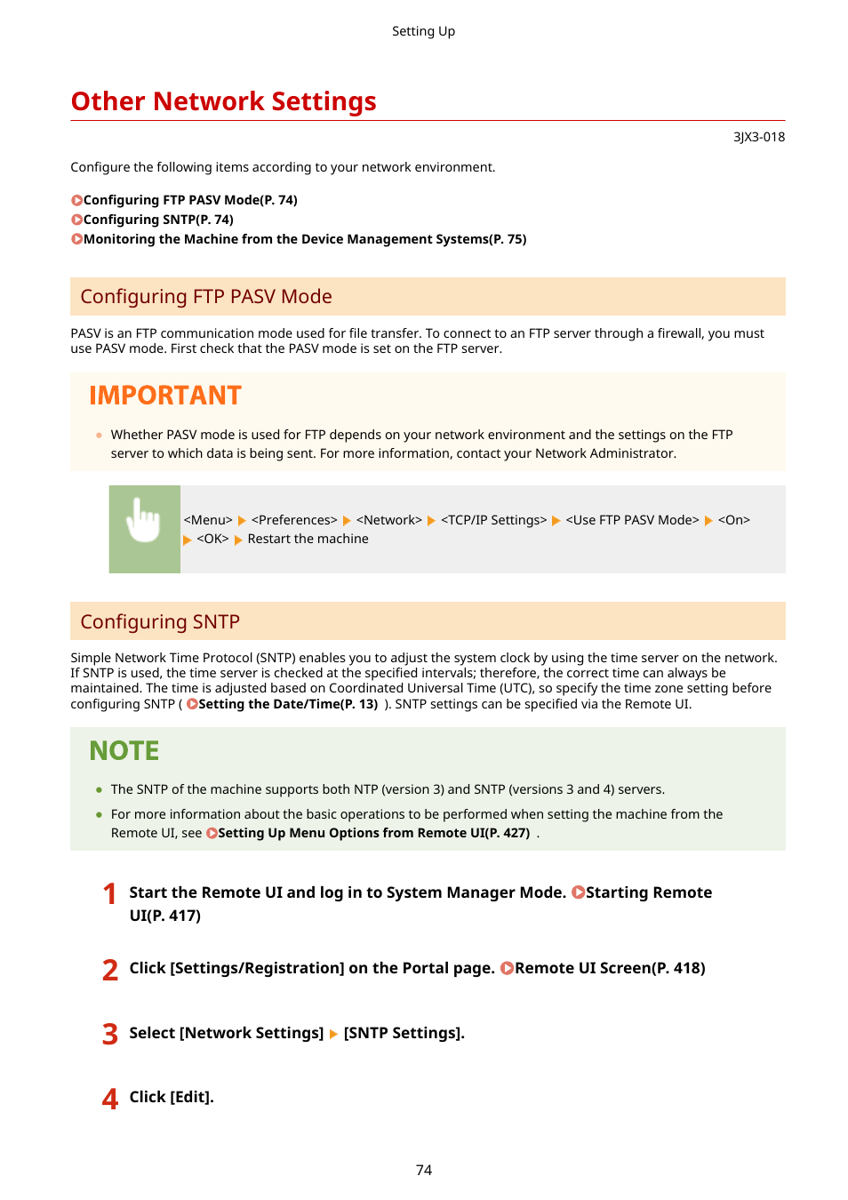 Other network settings, Other network settings(p. 74), Configuring sntp(p. 74) | Canon imageCLASS D1650 All-in-One Monochrome Laser Printer User Manual | Page 82 / 751