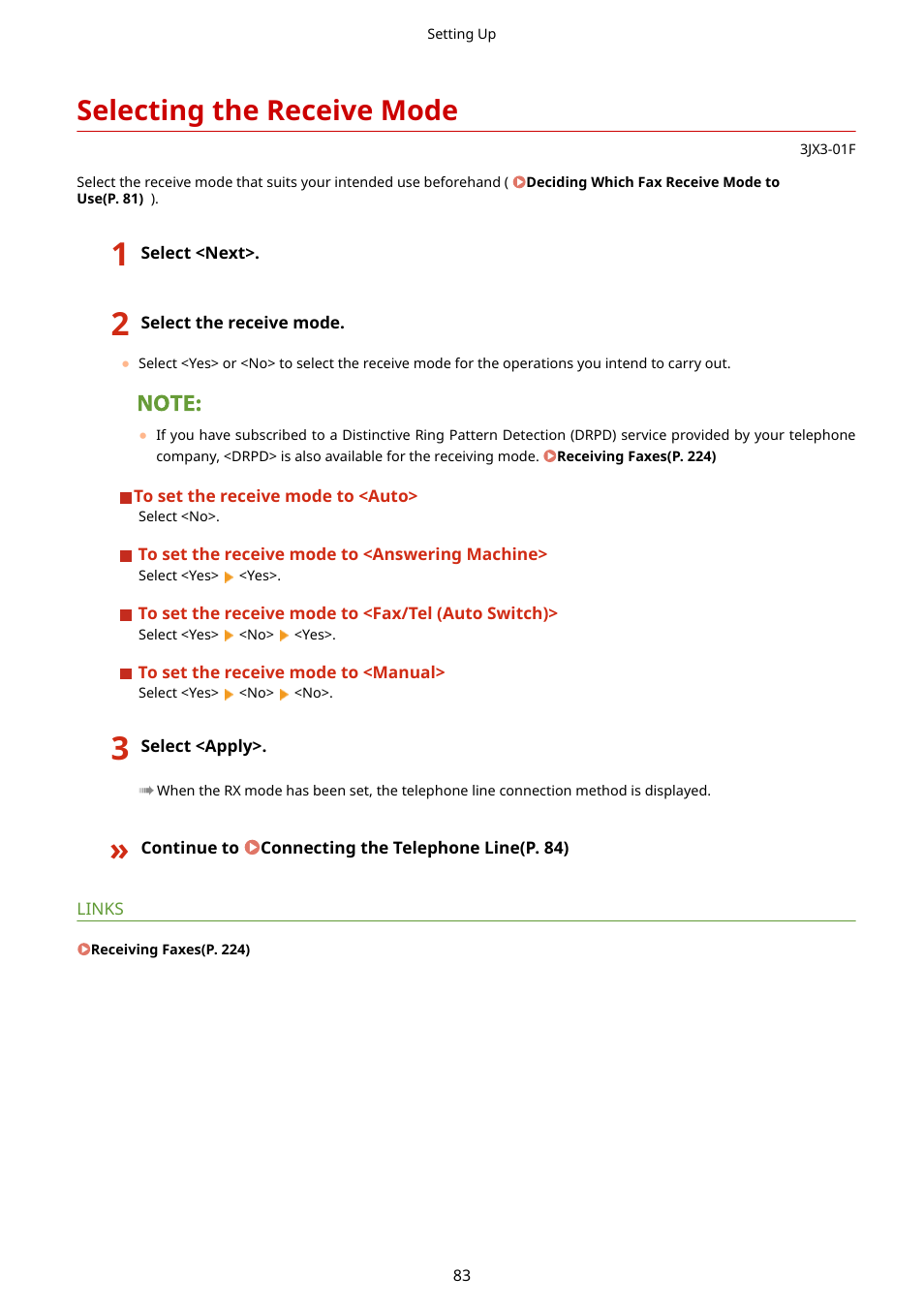 Selecting the receive mode, Selecting the receive mode(p. 83) | Canon imageCLASS D1650 All-in-One Monochrome Laser Printer User Manual | Page 91 / 751