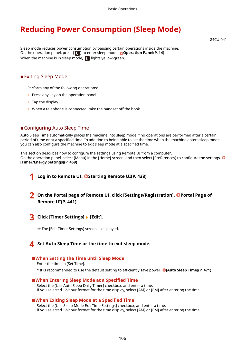 Reducing power consumption (sleep mode), Reducing power consumption (sleep mode)(p. 106) | Canon imageCLASS MF753Cdw Multifunction Wireless Color Laser Printer User Manual | Page 116 / 801