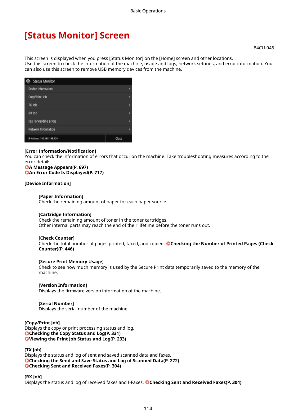 Status monitor] screen, Or information. [status, Monitor] screen(p. 114) | Canon imageCLASS MF753Cdw Multifunction Wireless Color Laser Printer User Manual | Page 124 / 801