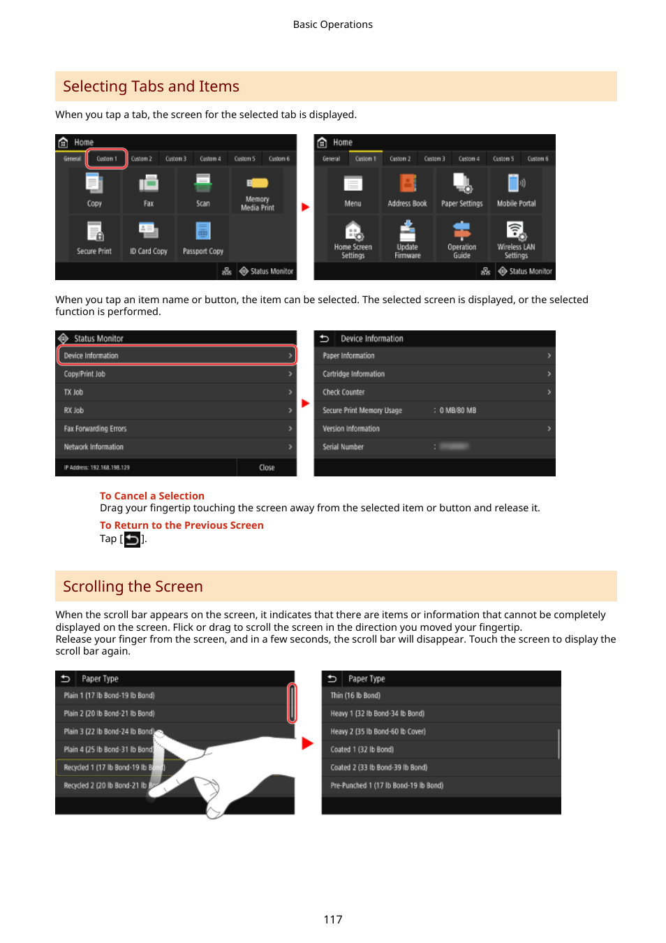 Selecting tabs and items, Scrolling the screen | Canon imageCLASS MF753Cdw Multifunction Wireless Color Laser Printer User Manual | Page 127 / 801