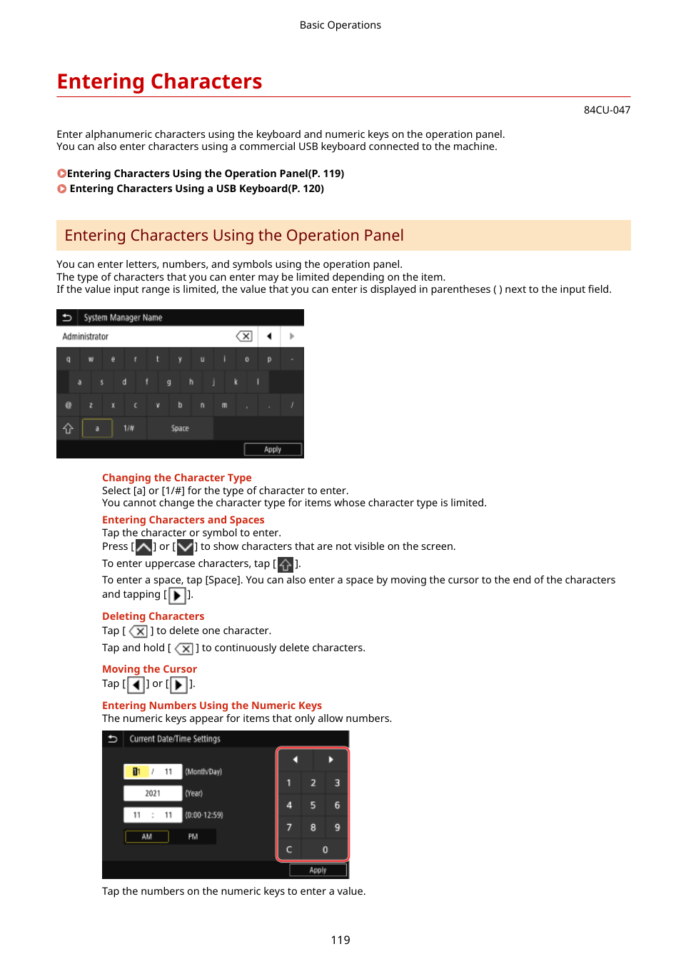 Entering characters, Entering characters(p. 119), Entering characters using the operation panel | Canon imageCLASS MF753Cdw Multifunction Wireless Color Laser Printer User Manual | Page 129 / 801