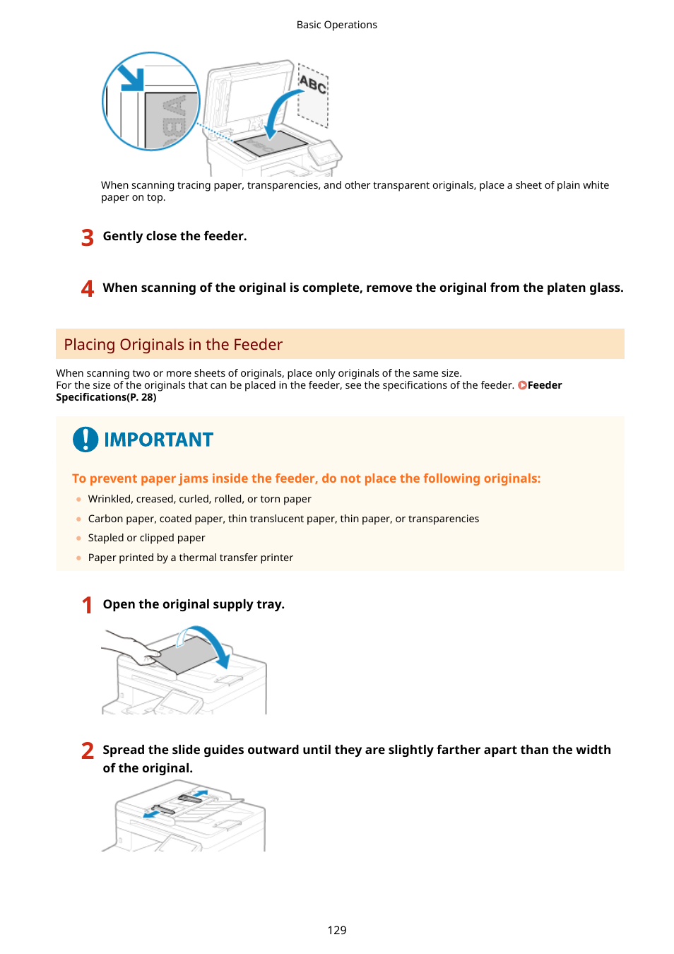 Placing originals in the feeder(p. 129) | Canon imageCLASS MF753Cdw Multifunction Wireless Color Laser Printer User Manual | Page 139 / 801