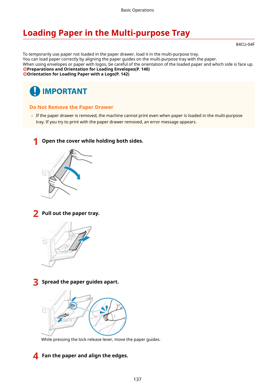 Loading paper in the multi-purpose tray, Loading paper in the multi-purpose tray(p. 137) | Canon imageCLASS MF753Cdw Multifunction Wireless Color Laser Printer User Manual | Page 147 / 801