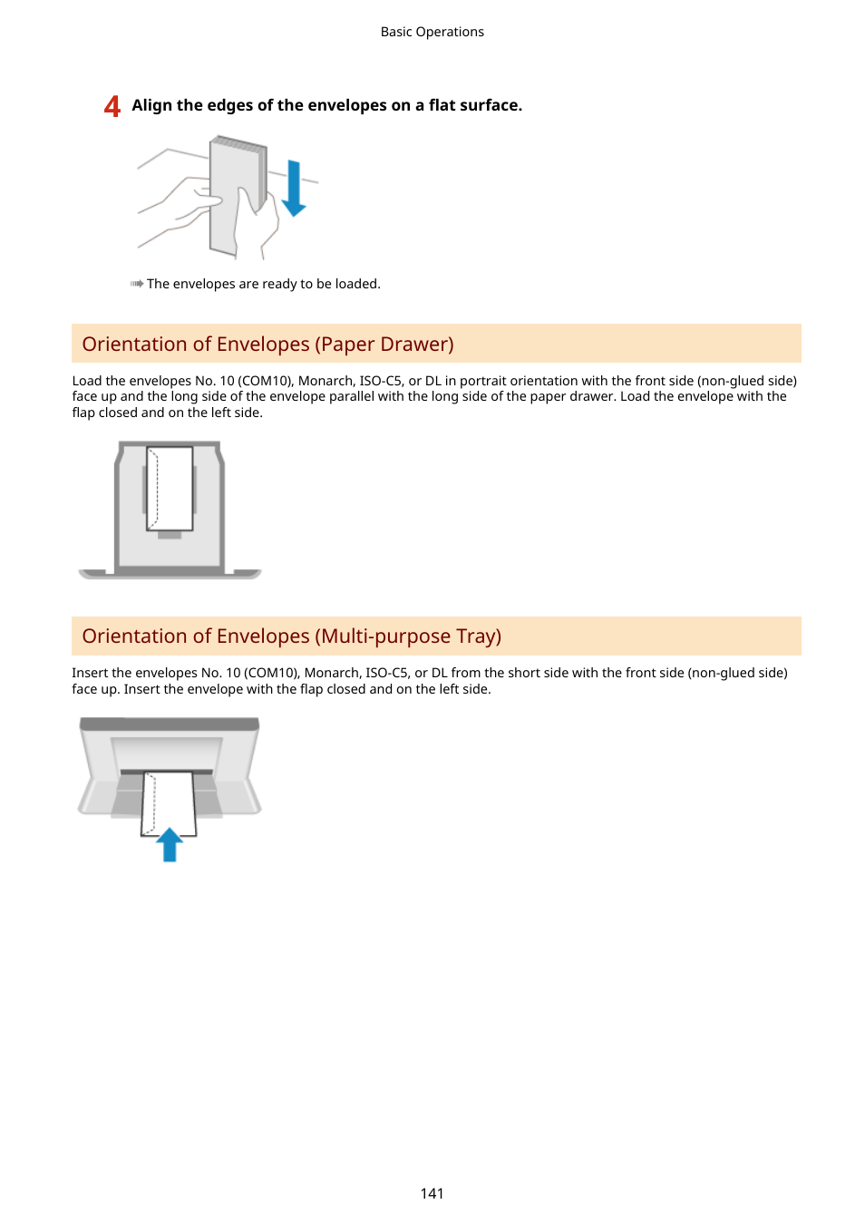 Orientation of envelopes (paper drawer), Orientation of envelopes (multi-purpose tray) | Canon imageCLASS MF753Cdw Multifunction Wireless Color Laser Printer User Manual | Page 151 / 801