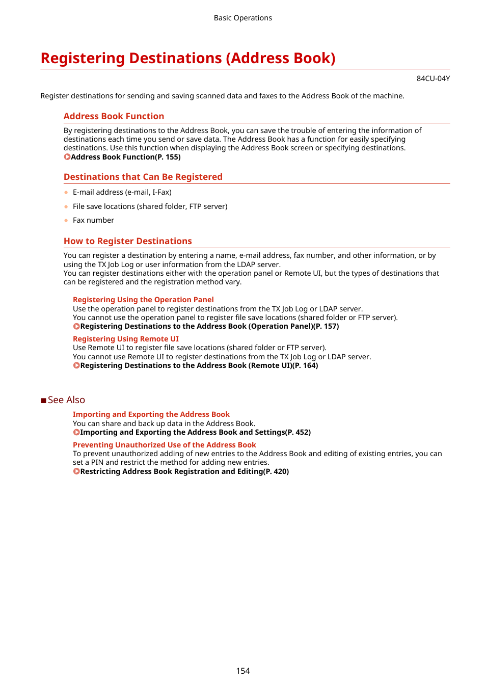 Registering destinations (address book), Registering destinations (address book)(p. 154) | Canon imageCLASS MF753Cdw Multifunction Wireless Color Laser Printer User Manual | Page 164 / 801