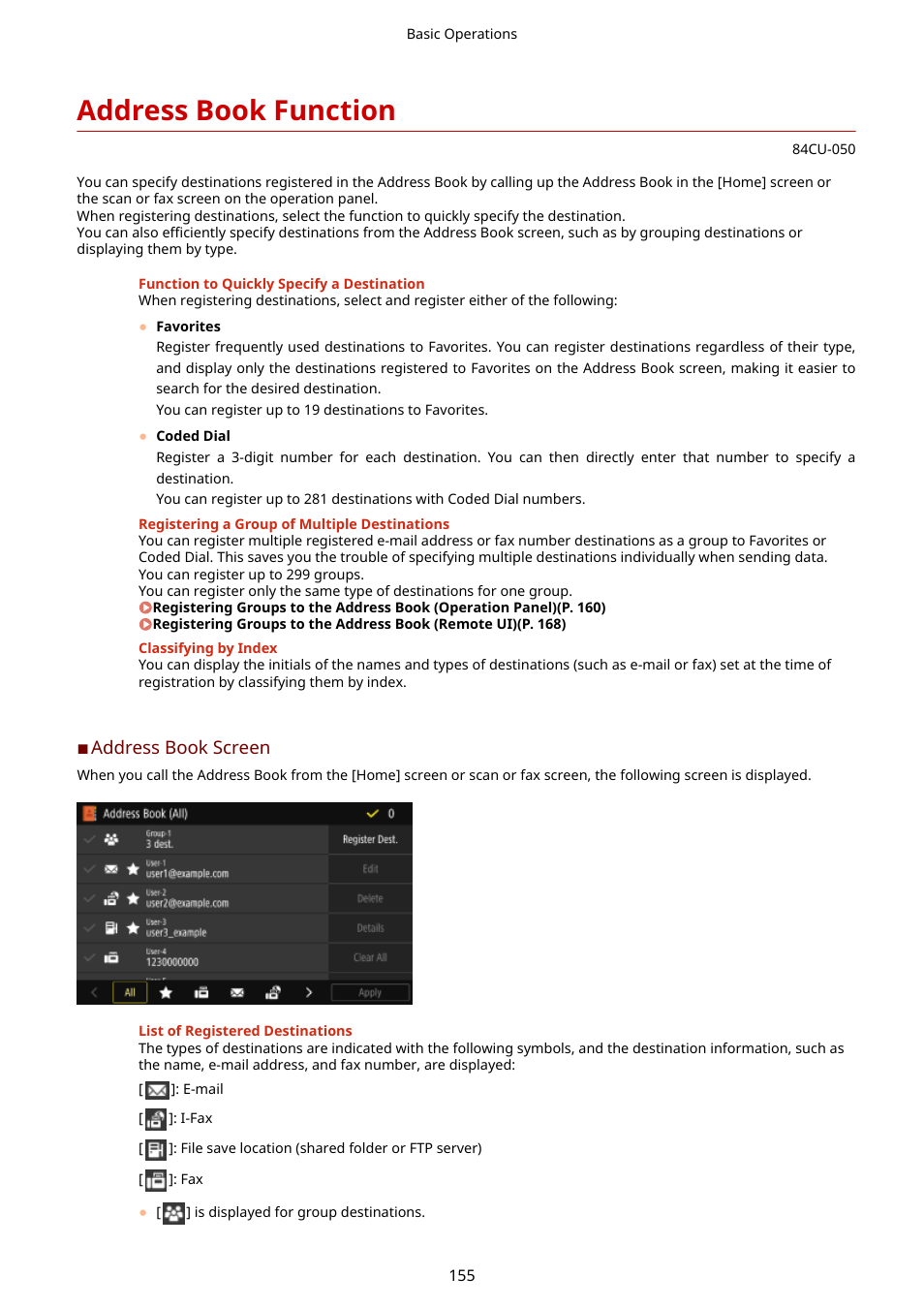 Address book function, Address book function(p. 155) | Canon imageCLASS MF753Cdw Multifunction Wireless Color Laser Printer User Manual | Page 165 / 801