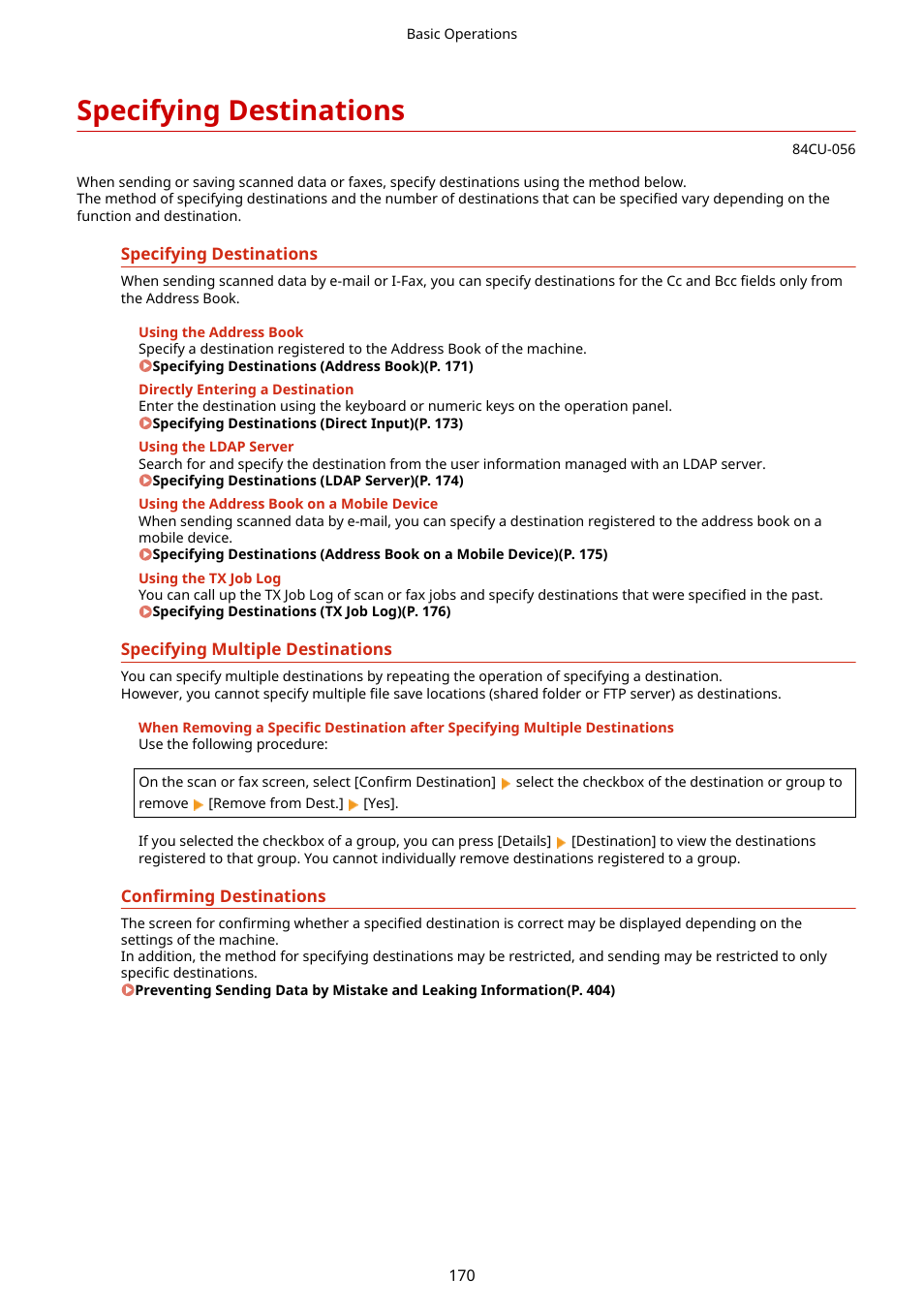 Specifying destinations, Specifying destinations(p. 170) | Canon imageCLASS MF753Cdw Multifunction Wireless Color Laser Printer User Manual | Page 180 / 801