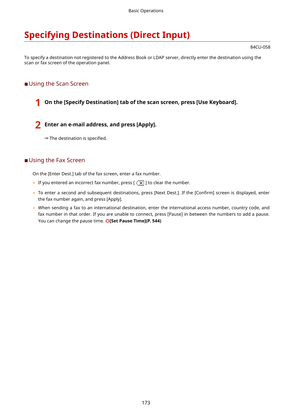 Specifying destinations (direct input), Specifying destinations (direct input)(p. 173) | Canon imageCLASS MF753Cdw Multifunction Wireless Color Laser Printer User Manual | Page 183 / 801