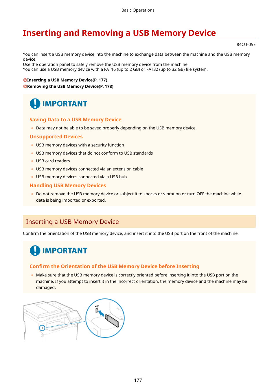 Inserting and removing a usb memory device, Inserting and removing a usb memory device(p. 177) | Canon imageCLASS MF753Cdw Multifunction Wireless Color Laser Printer User Manual | Page 187 / 801