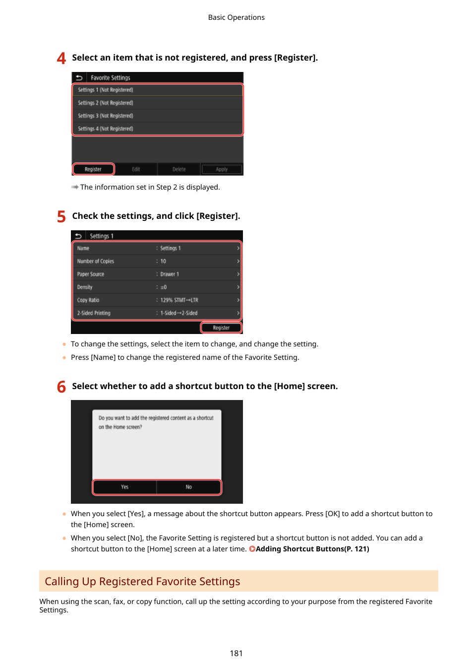 Calling up registered favorite settings(p. 181) | Canon imageCLASS MF753Cdw Multifunction Wireless Color Laser Printer User Manual | Page 191 / 801